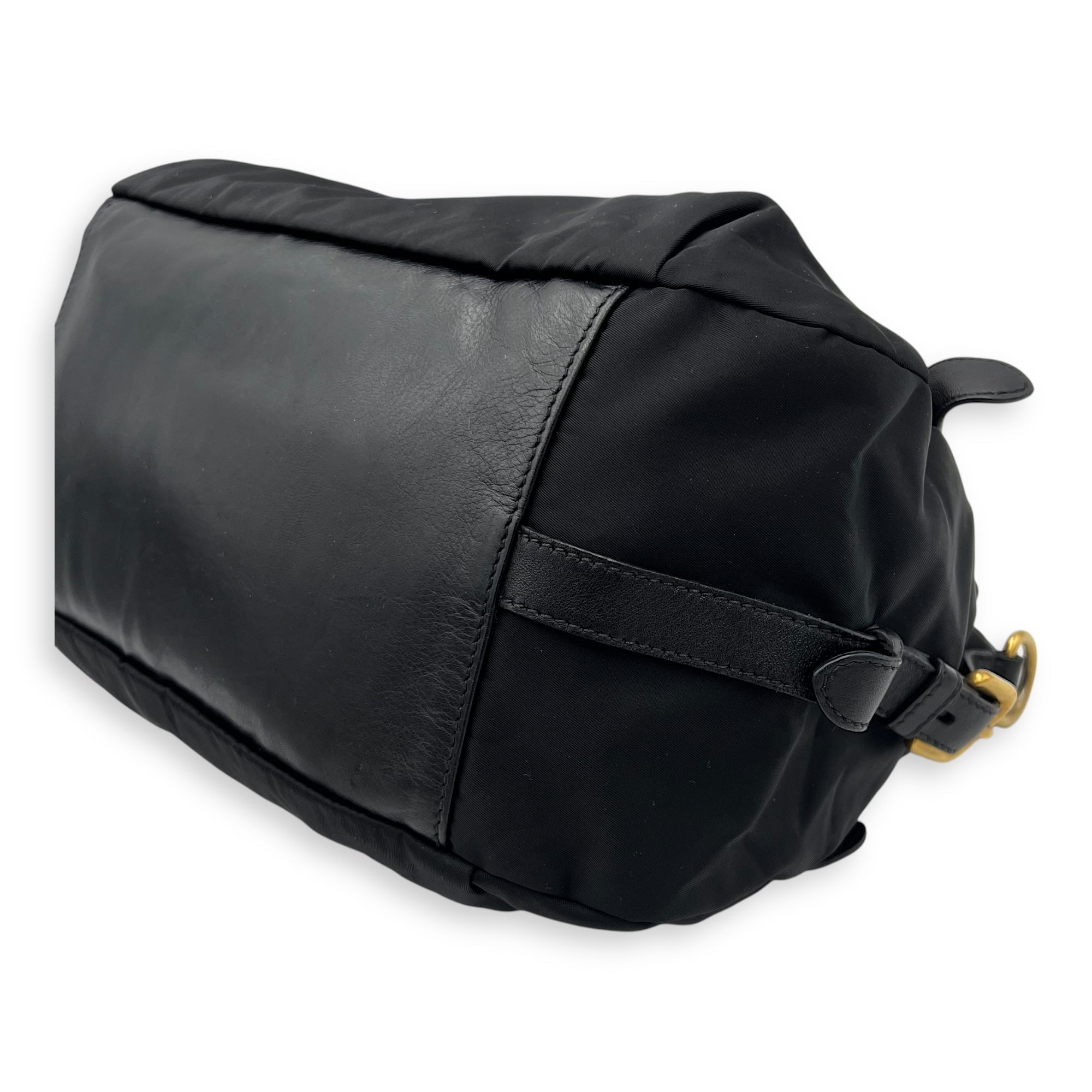 Prada Logo Top Handle Bag Black in Nylon, Gold hardware_8