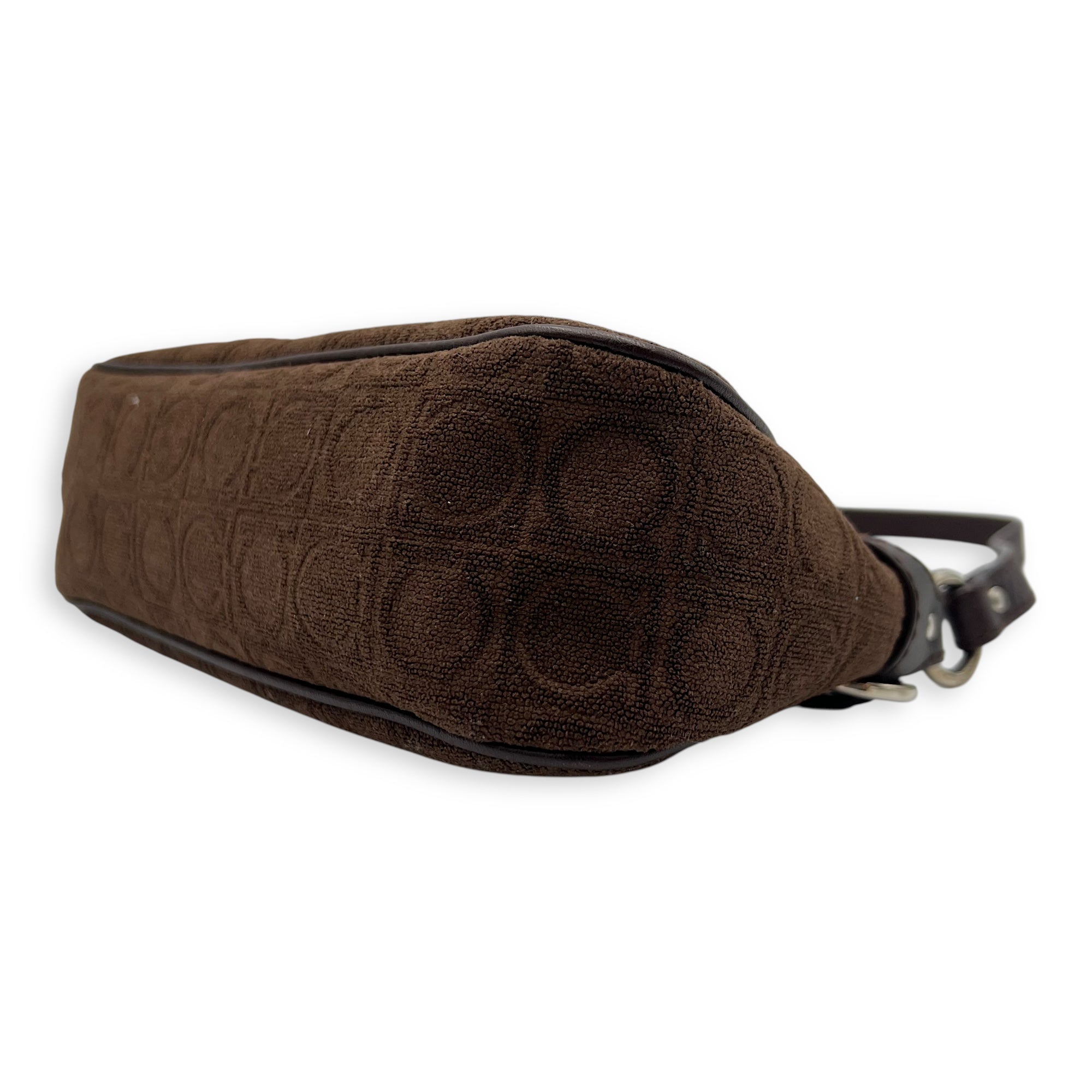 Salvatore Ferragamo Gancini Brown Shoulder Bag in Fabric, Silver hardware_9
