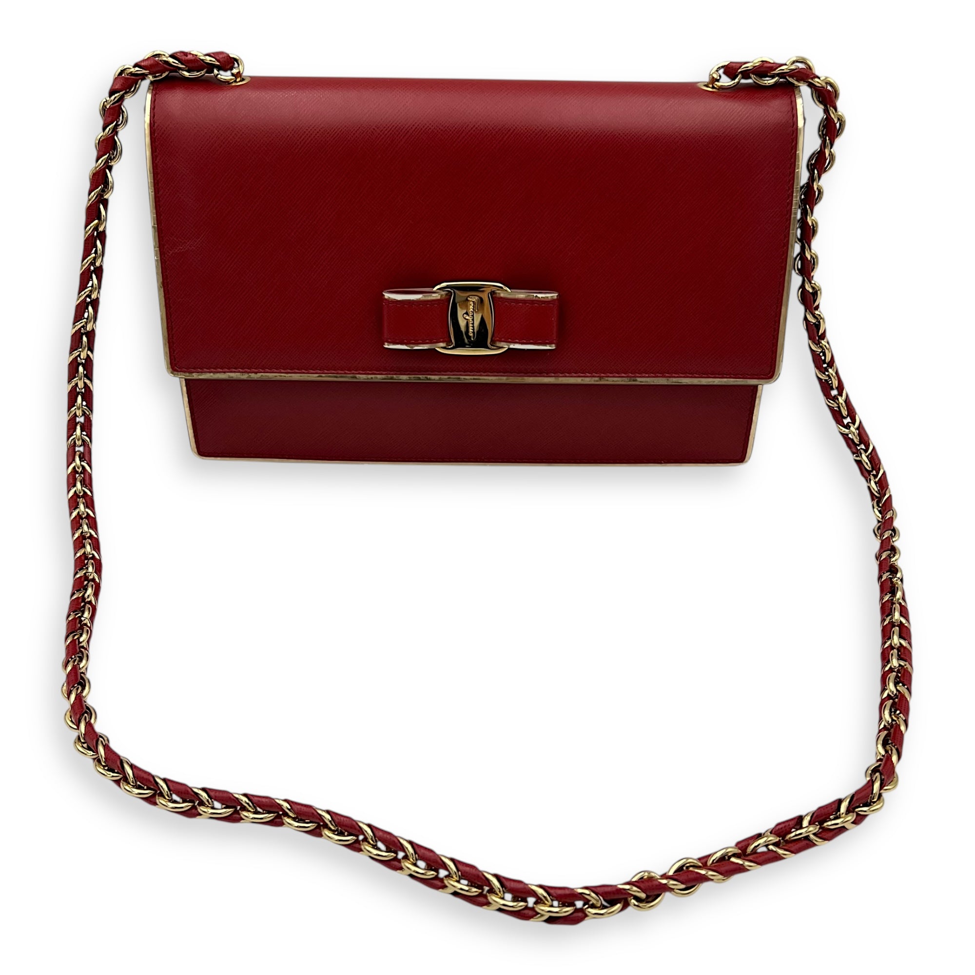 Salvatore Ferragamo Vara Bow Shoulder Bag Red in Calfskin, Gold hardware_17