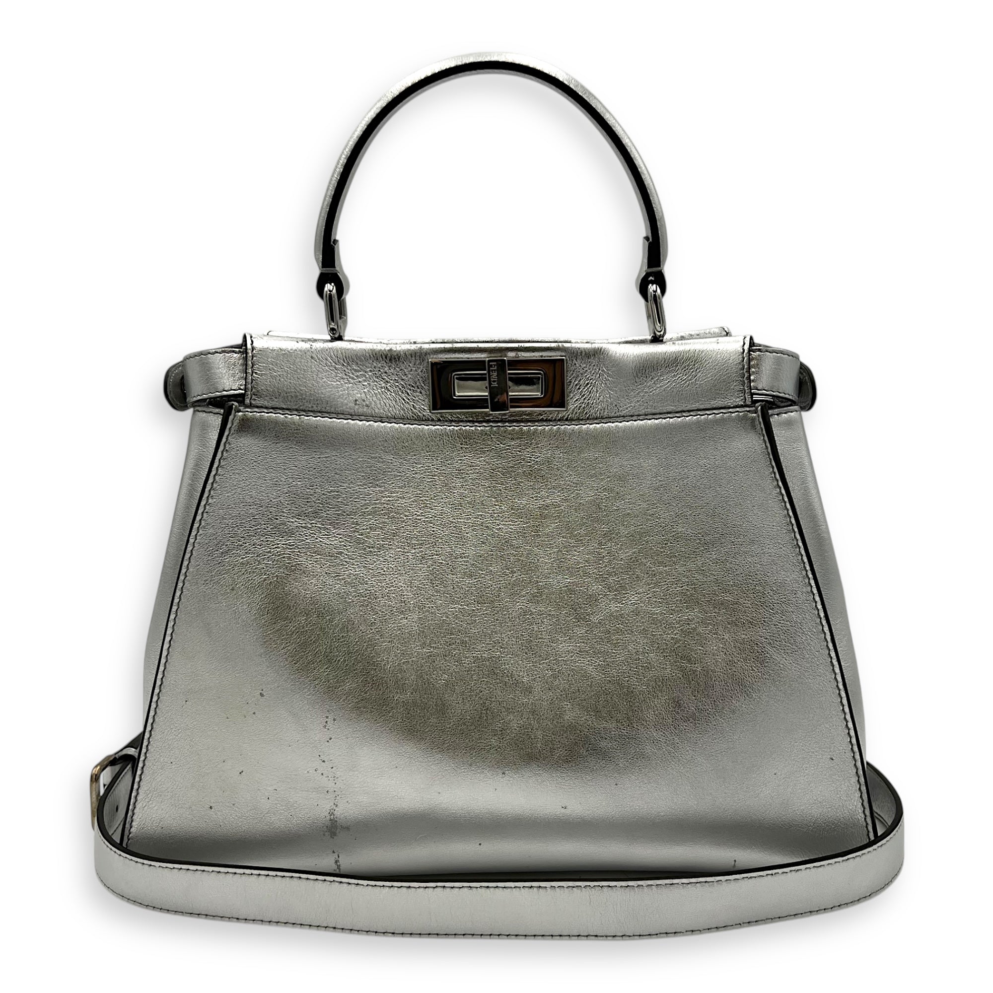 Fendi Peekaboo Top Handle Bag Silver in Calfskin, Silver hardware_14
