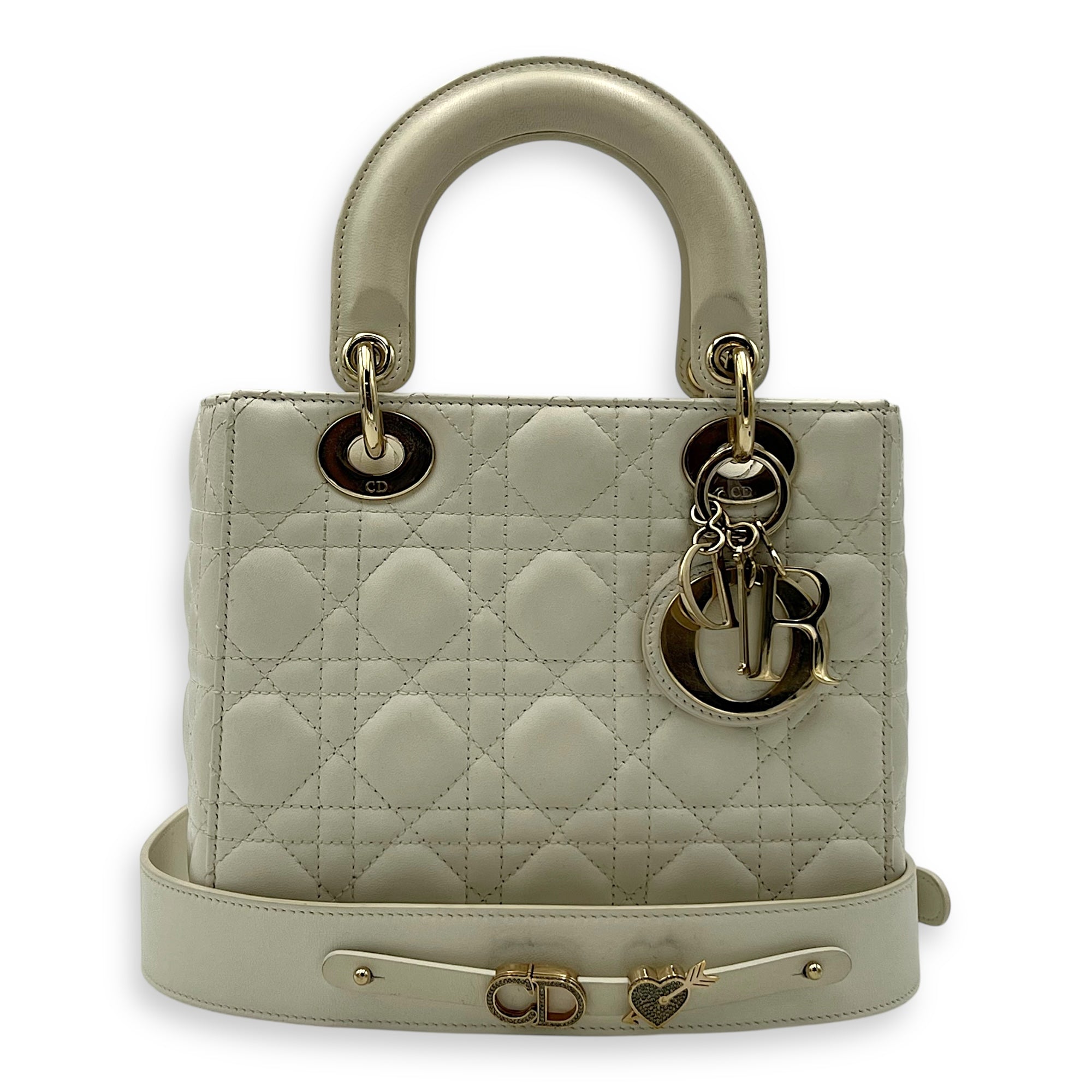 Christian Dior Lady Dior Small White Top Handle Bag in Lambskin, Gold hardware_14