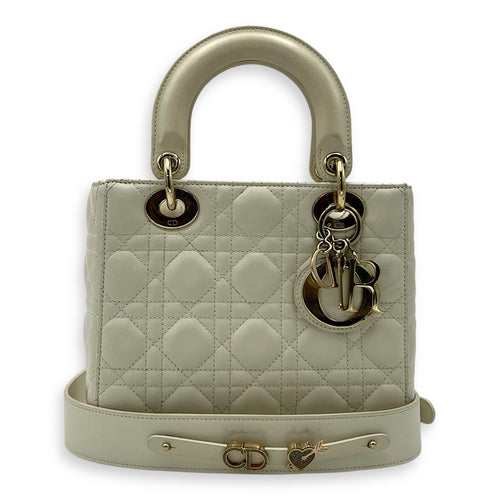 Christian Dior Lady Dior Small White Top Handle Bag in Lambskin, Gold hardware_14