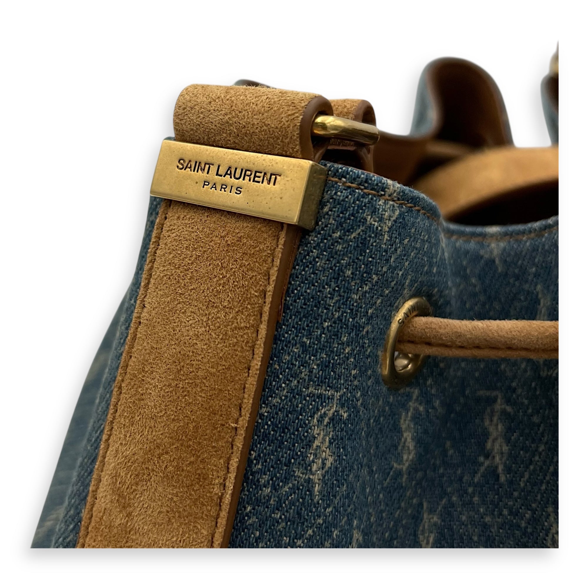 Saint Laurent All Over Bucket Bag Blue in Denim, Gold hardware_7