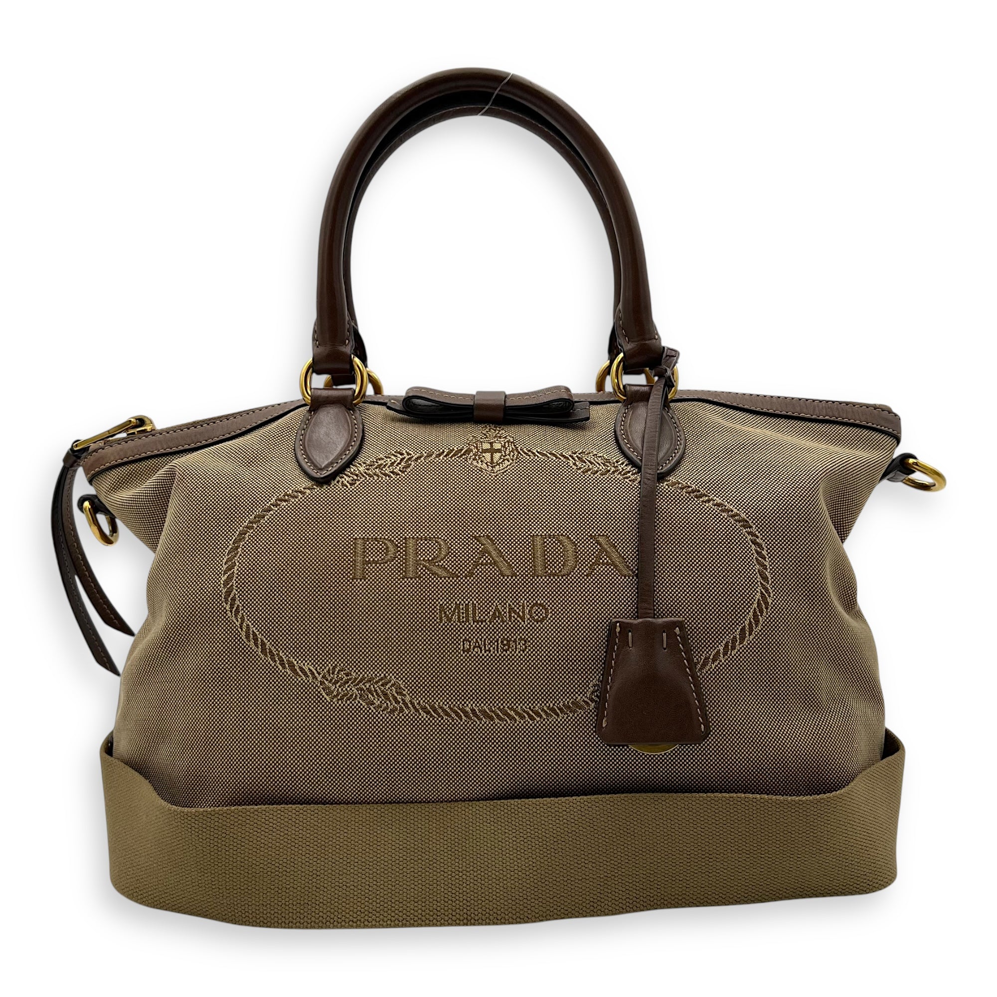 Prada Logo Small Brown Top Handle Bag in Canvas, Gold hardware_14