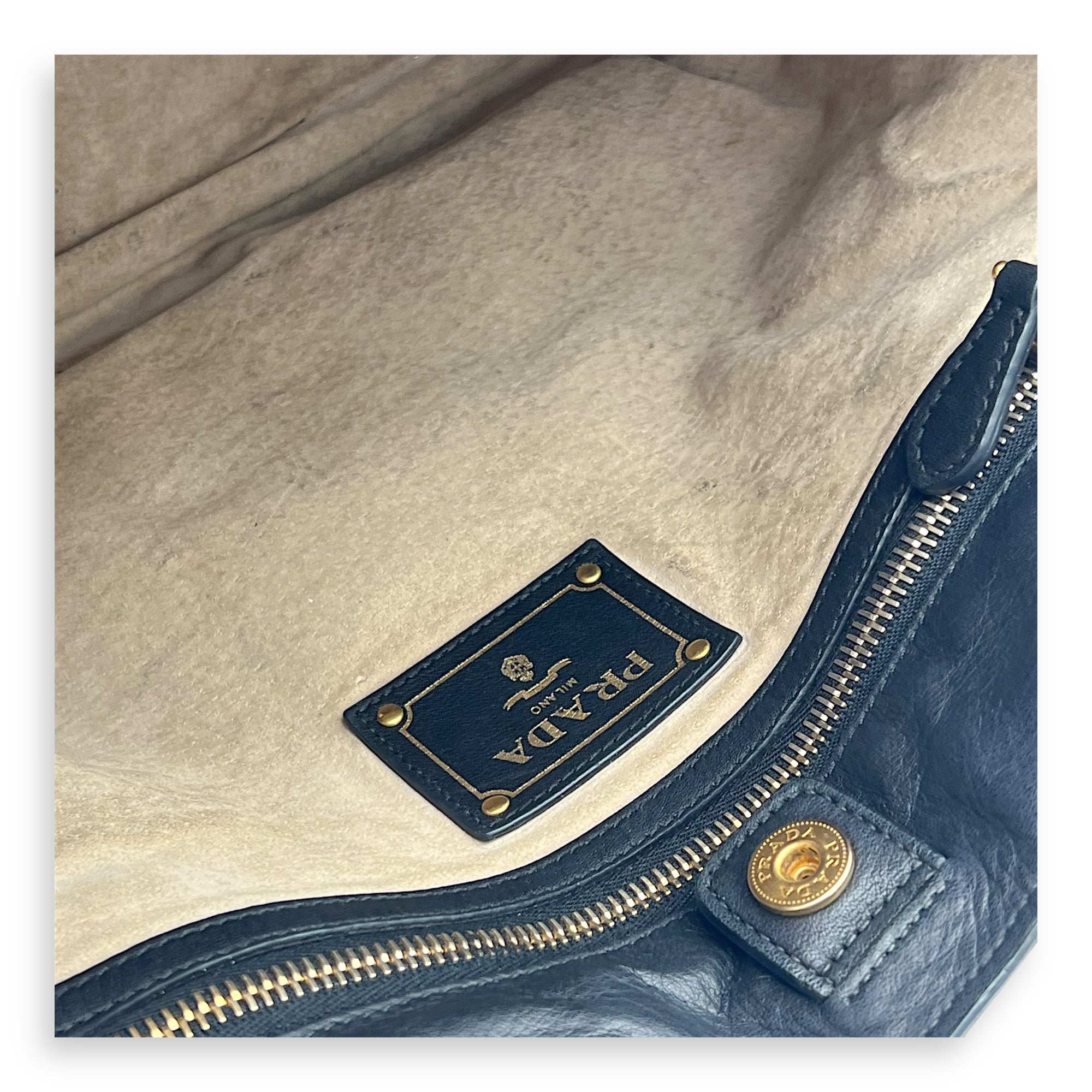 Prada Logo Top Handle Bag Black in Calfskin, Gold hardware_14