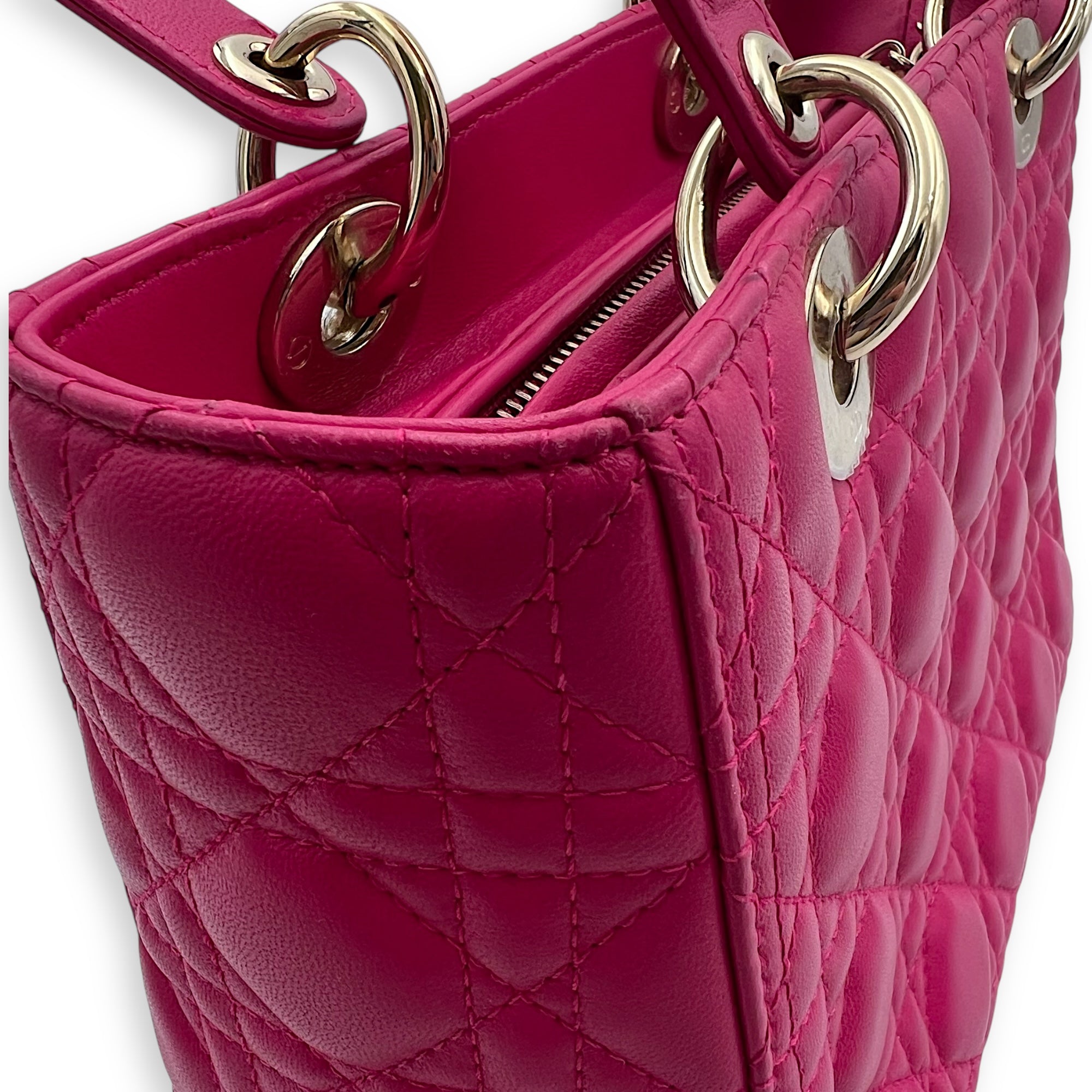 Dior Lady Dior Top Handle Bag Medium Pink in Calfskin, Gold hardware_14
