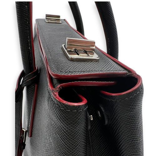 Prada 2 way turnlock bag Top Handle Bag Black in Saffiano Leather, Silver hardware_14