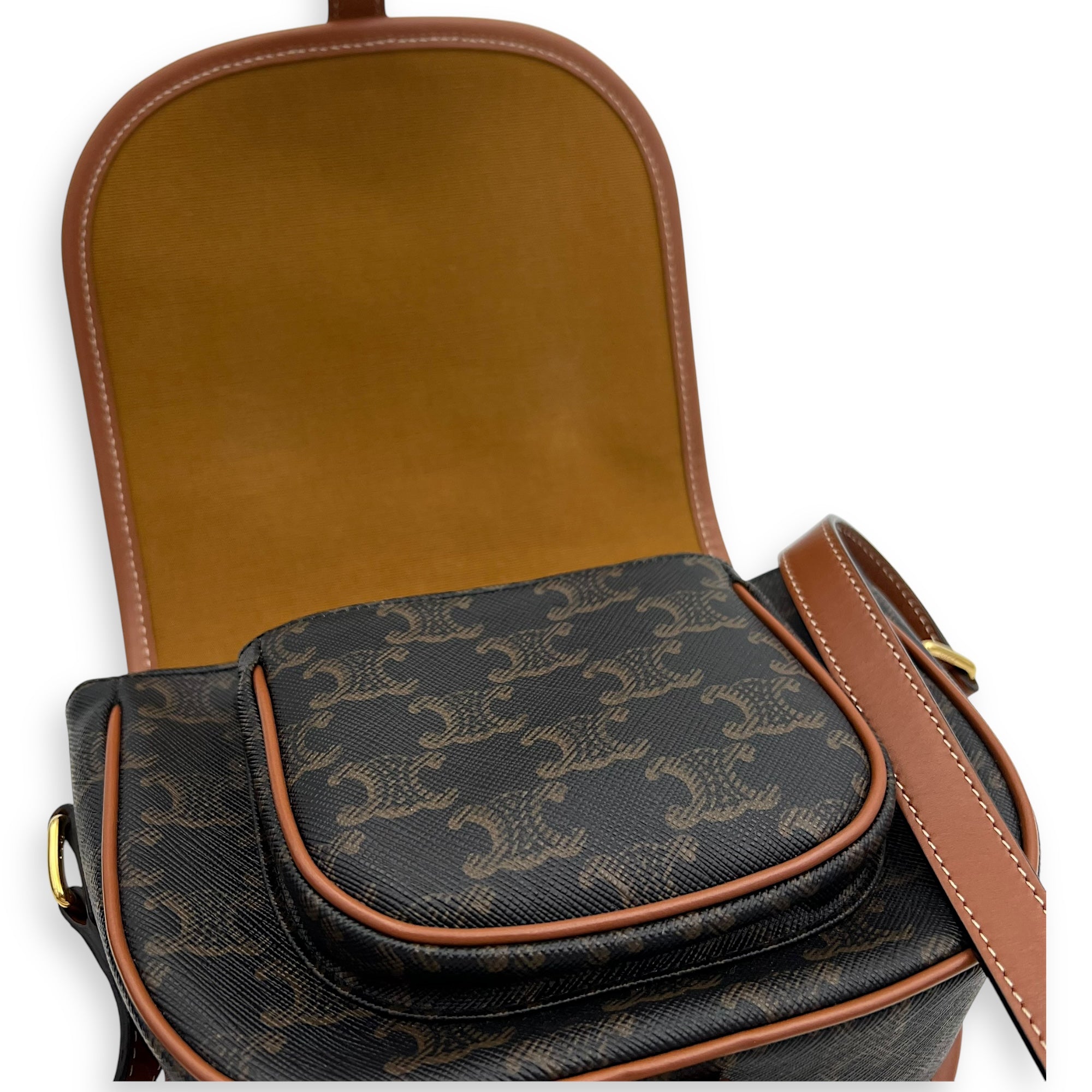 Celine Folco Crossbody Bag Brown in Coated Canvas, Gold hardware_14