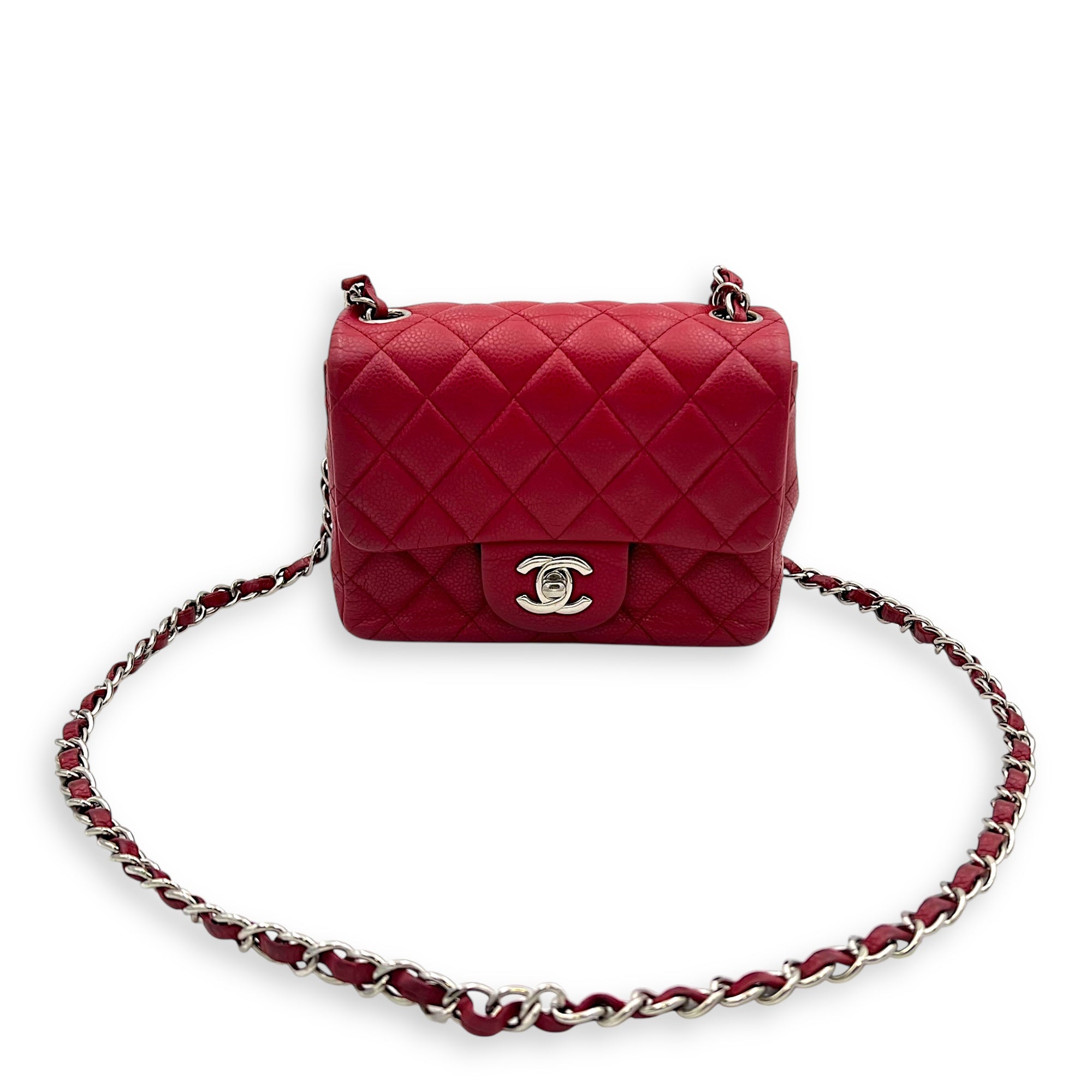Chanel CC Mini Square Shoulder Bag Red in Caviar Leather, Silver hardware_14