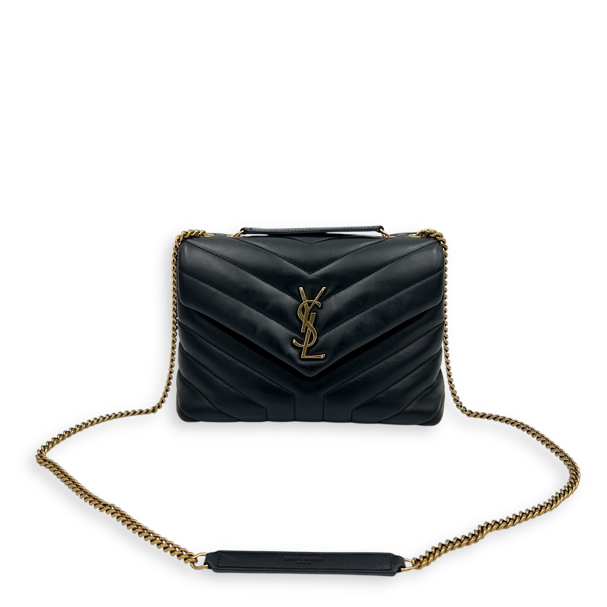 Saint Laurent Loulou Small Black Shoulder Bag in Calfskin, Gold hardware_14