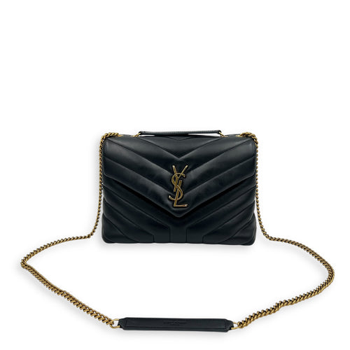 Saint Laurent Loulou Small Black Shoulder Bag in Calfskin, Gold hardware_14