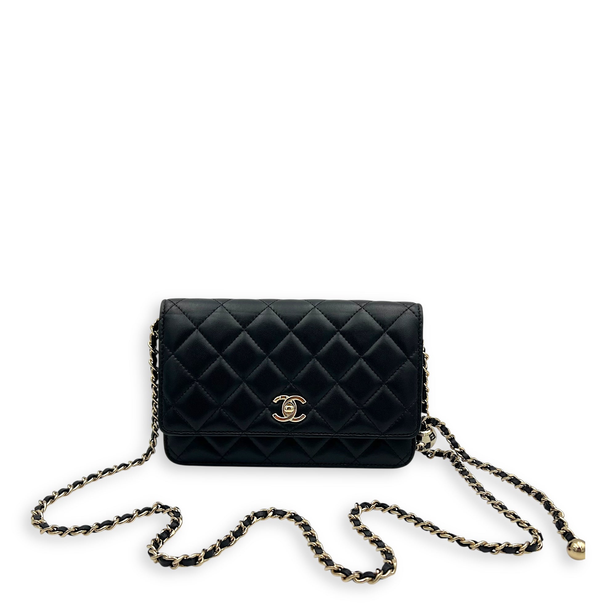 Chanel CC Pearl Crush Checkered Black Wallet On Chain in Lambskin, Light Gold hardware_14