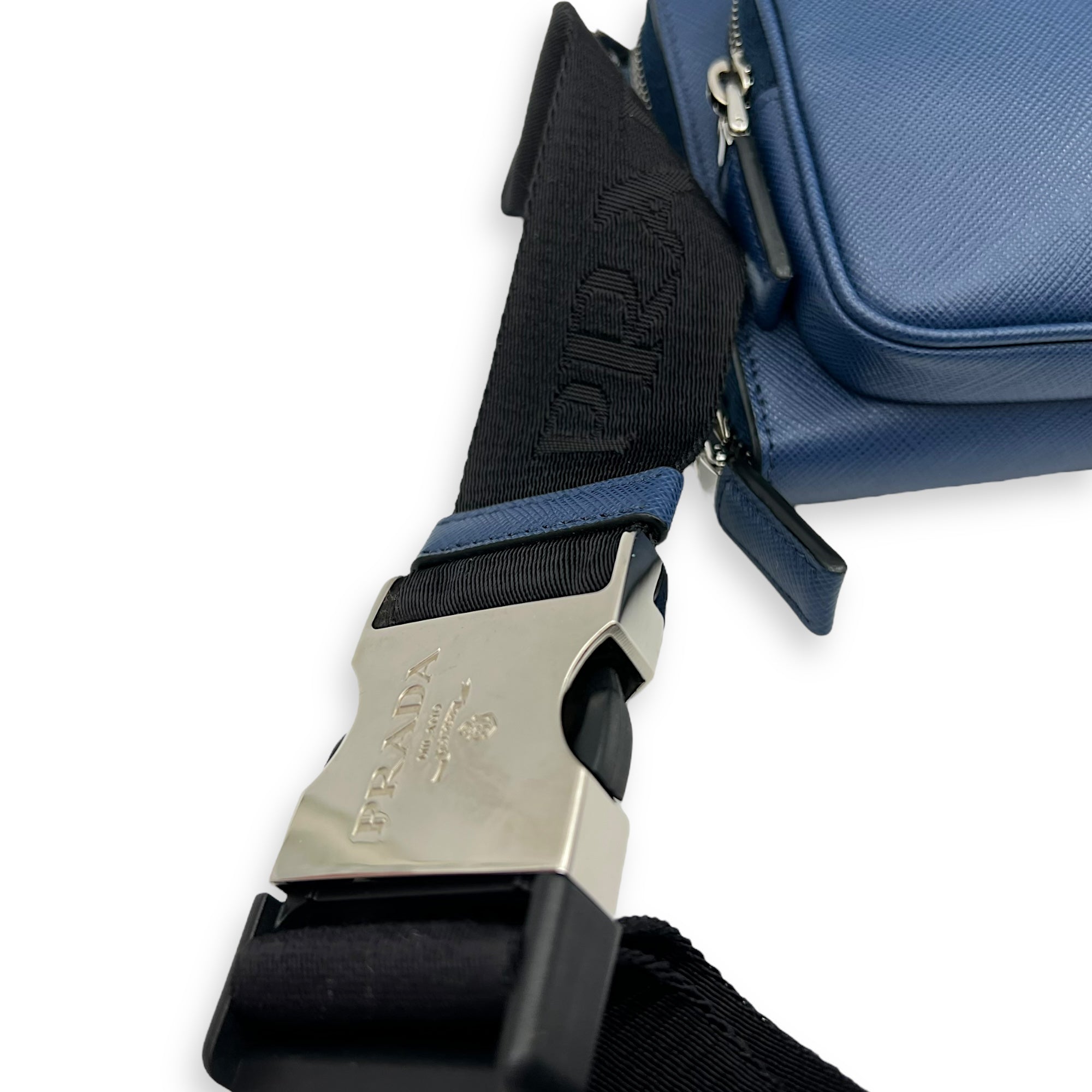 Prada Logo Belt Bag Blue in Saffiano Leather, Silver hardware_14