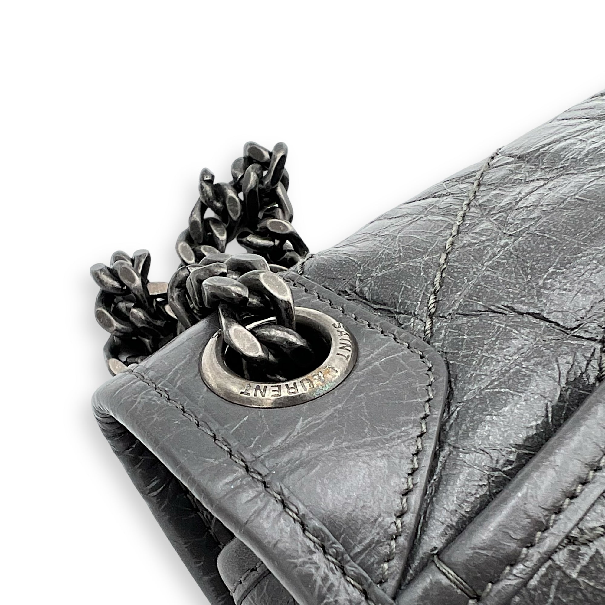 Saint Laurent Niki Shoulder Bag Grey in Calfskin, Ruthenium hardware_14