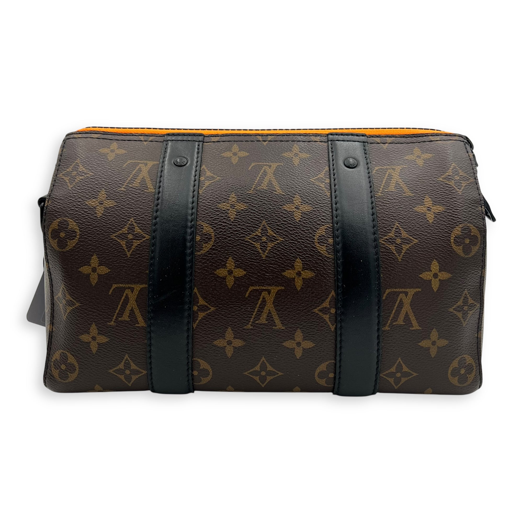 Louis Vuitton Keepall Virgil Abloh Top Handle Bag Brown in Monogram Coated Canvas, Gold hardware_2