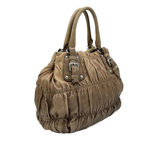 Gaufre Brown Top Handle Bag in Lambskin, Silver hardware