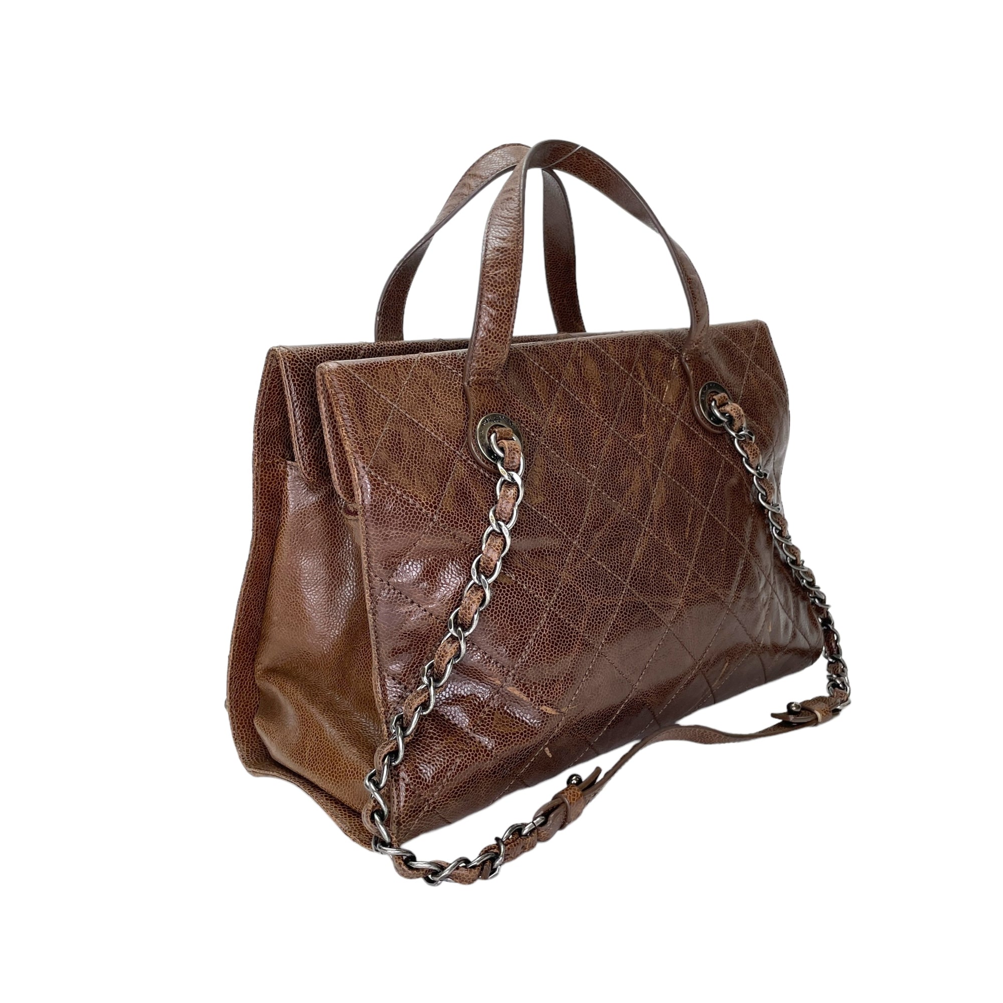 Two-way Brown Top Handle Bag in Caviar Leather, Ruthenium hardware