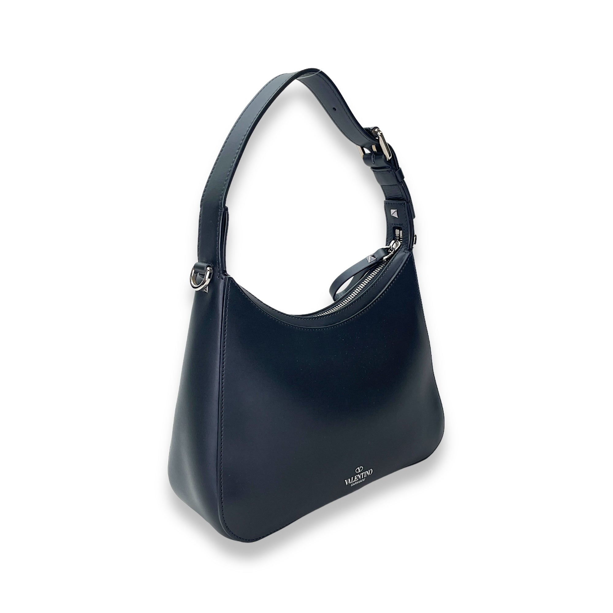 VLTN Hobo Small Black Shoulder Bag in Calfskin, Silver hardware