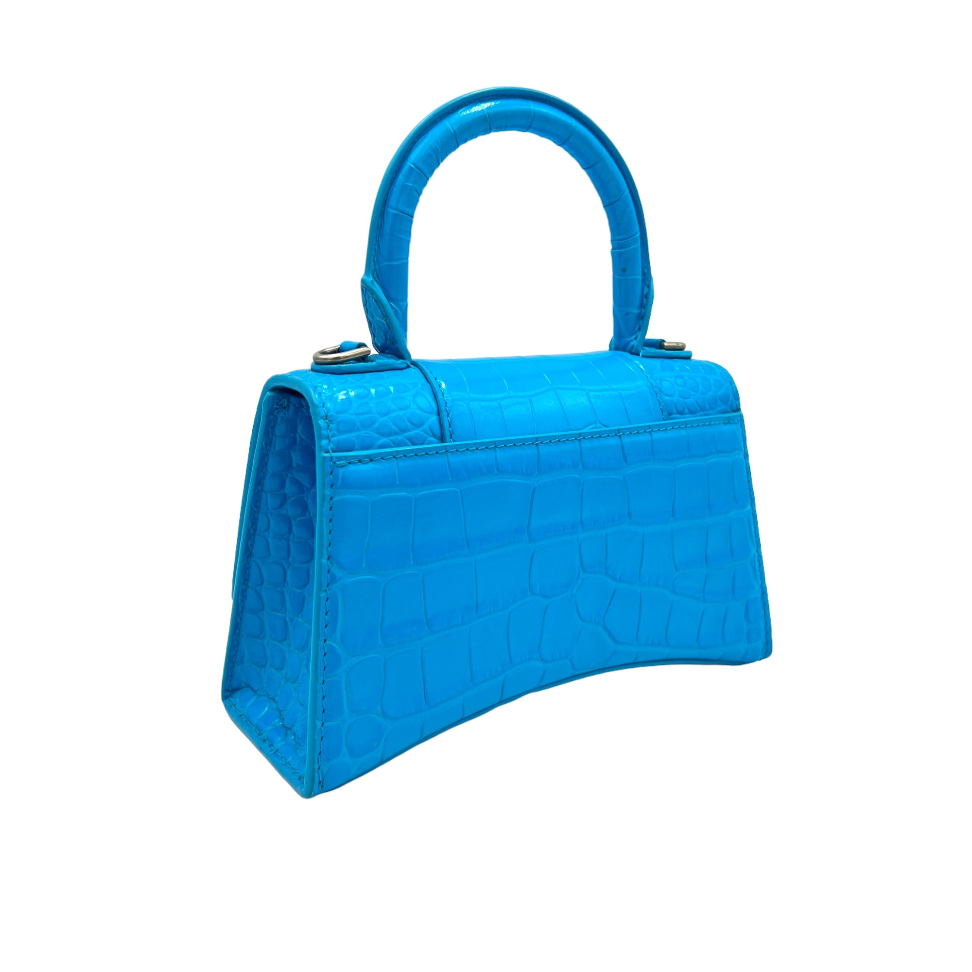 Hourglass XS Blue Top Handle Bag in Calfskin, Silver hardware