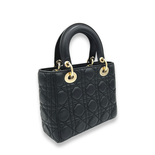 Lady Dior Small Black Top Handle Bag in Lambskin, Light Gold hardware