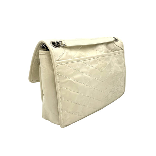 Niki Medium Cream Shoulder Bag in Distressed Leather, Ruthenium hardware