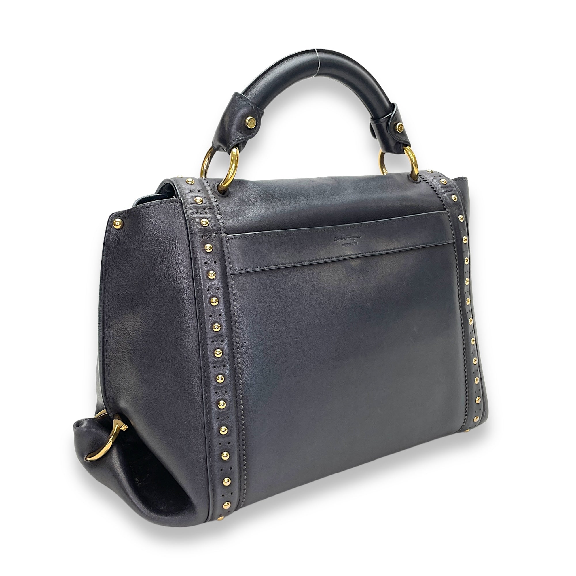 Gancini Top Handle Bag Black in Calfskin, Gold hardware