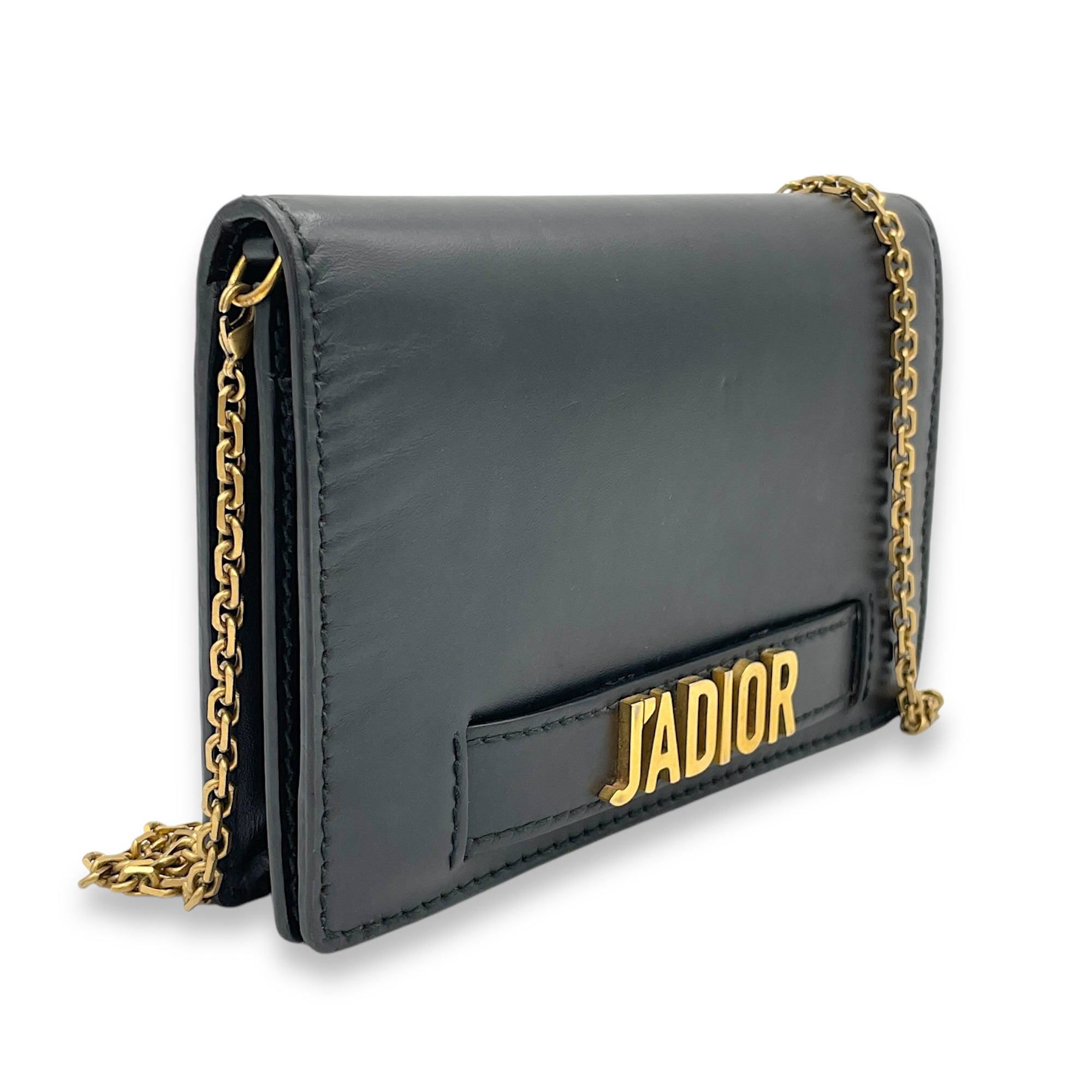 J'adior Black Wallet On Chain in Calfskin, Brushed Gold hardware