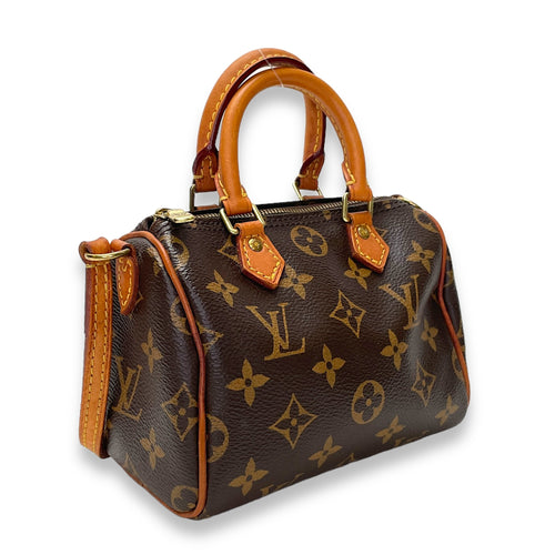 Speedy Bandouliere Top Handle Bag Nano Brown in Monogram Coated Canvas, Gold hardware