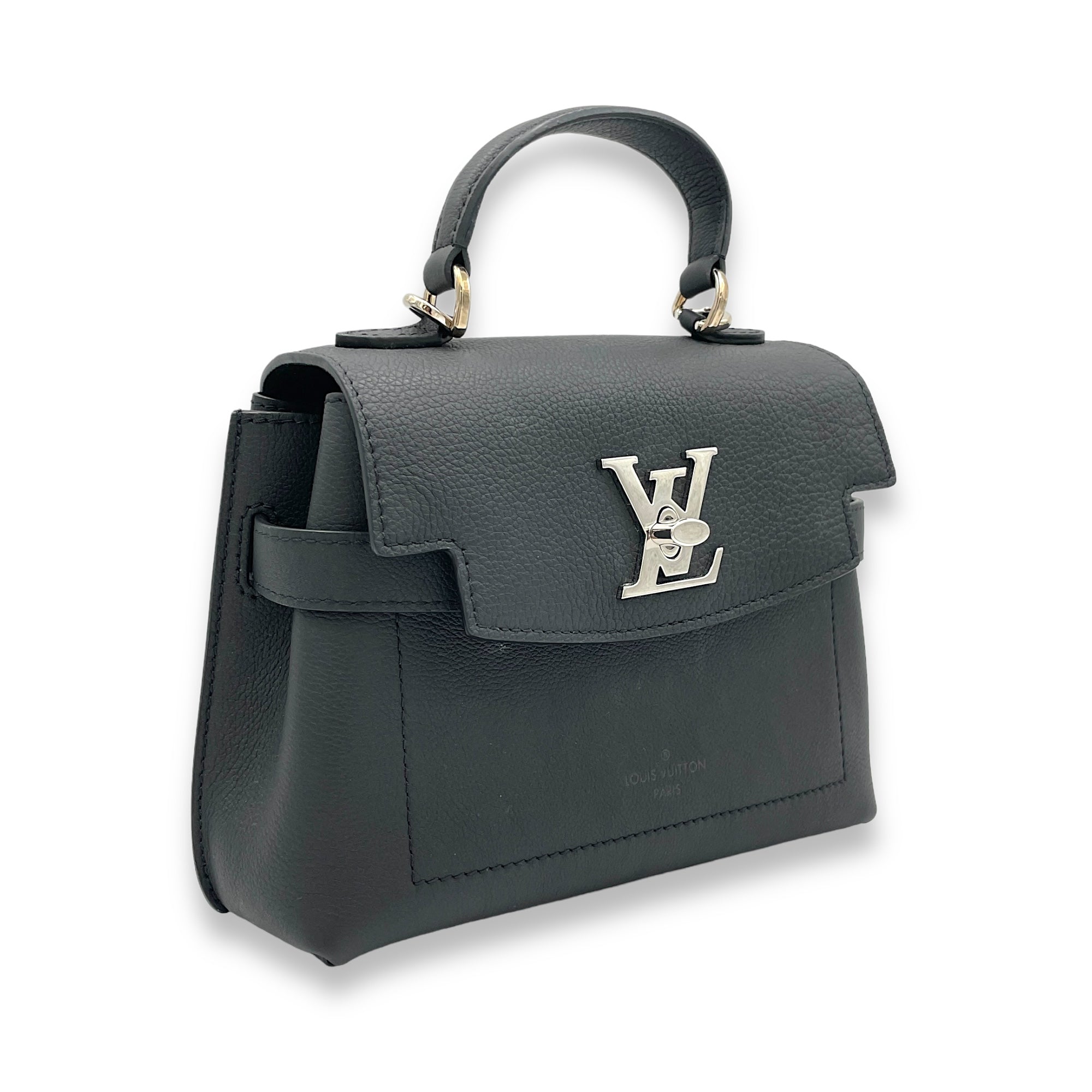 LockMe BB Black Top Handle Bag in Calfskin, Silver hardware