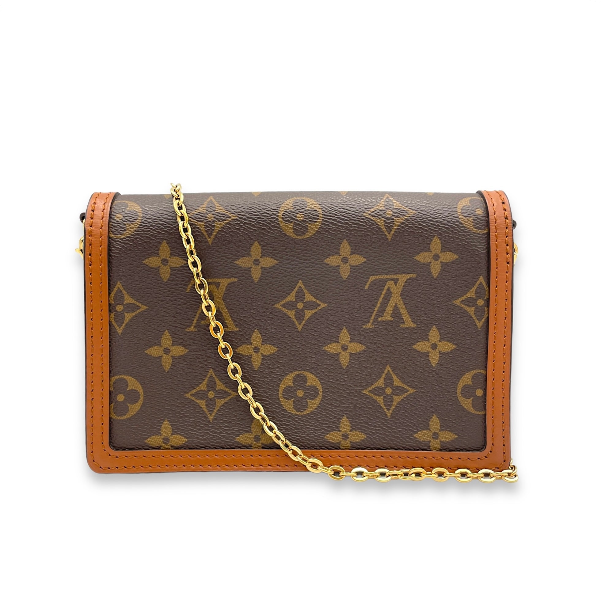 Dauphine Wallet On Chain Brown in Monogram Coated Canvas, Gold hardware