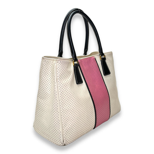 Perforated Galleria White Top Handle Bag in Calfskin, Gold hardware