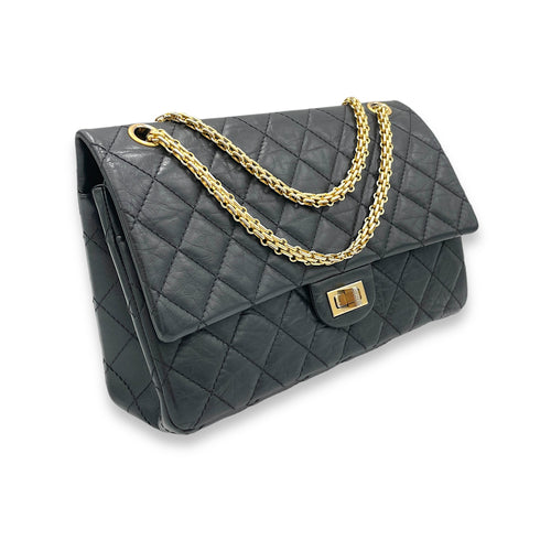 2.55 Shoulder Bag Large Black in Calfskin, Gold hardware