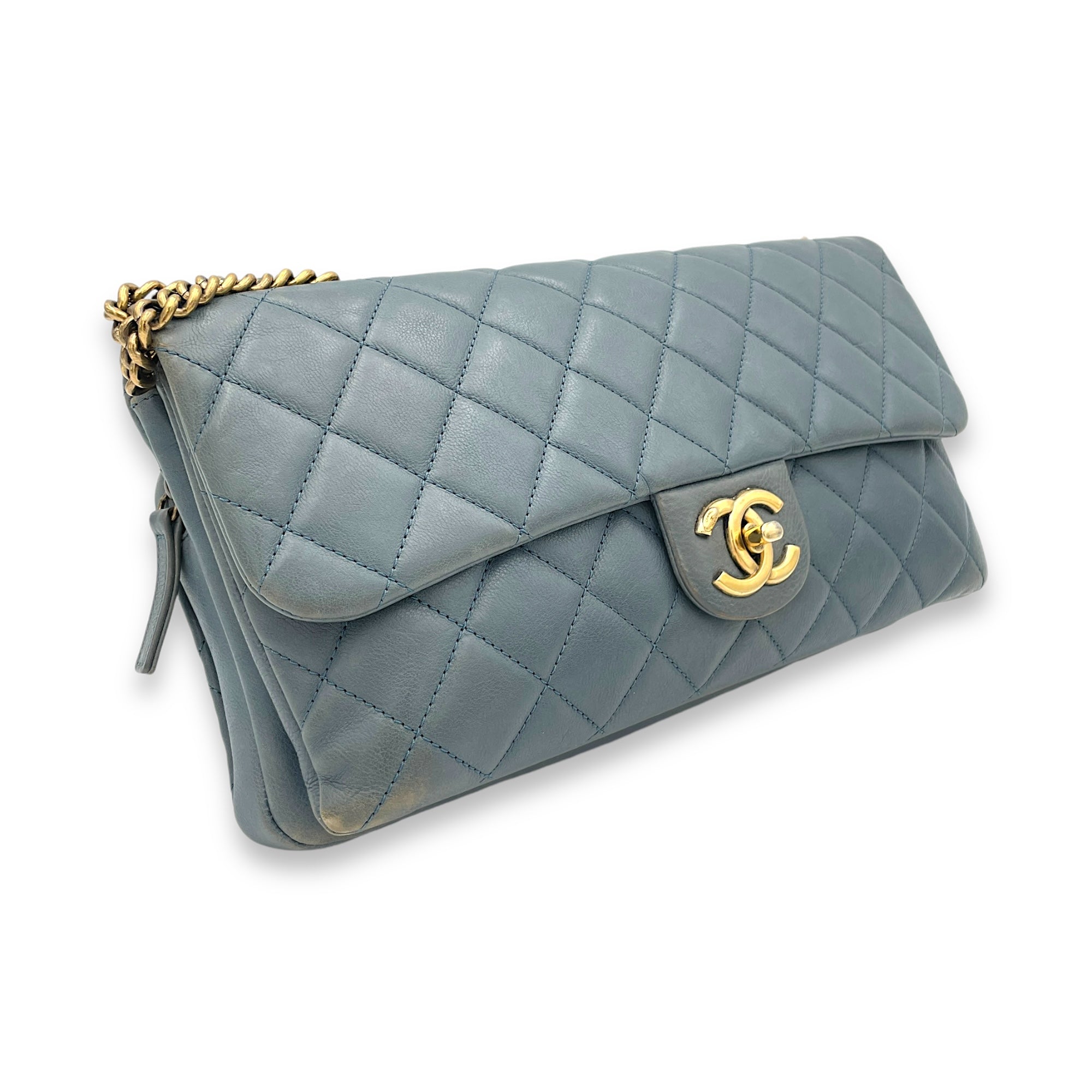 Double Crossbody Bag Grey in Calfskin, Gold hardware