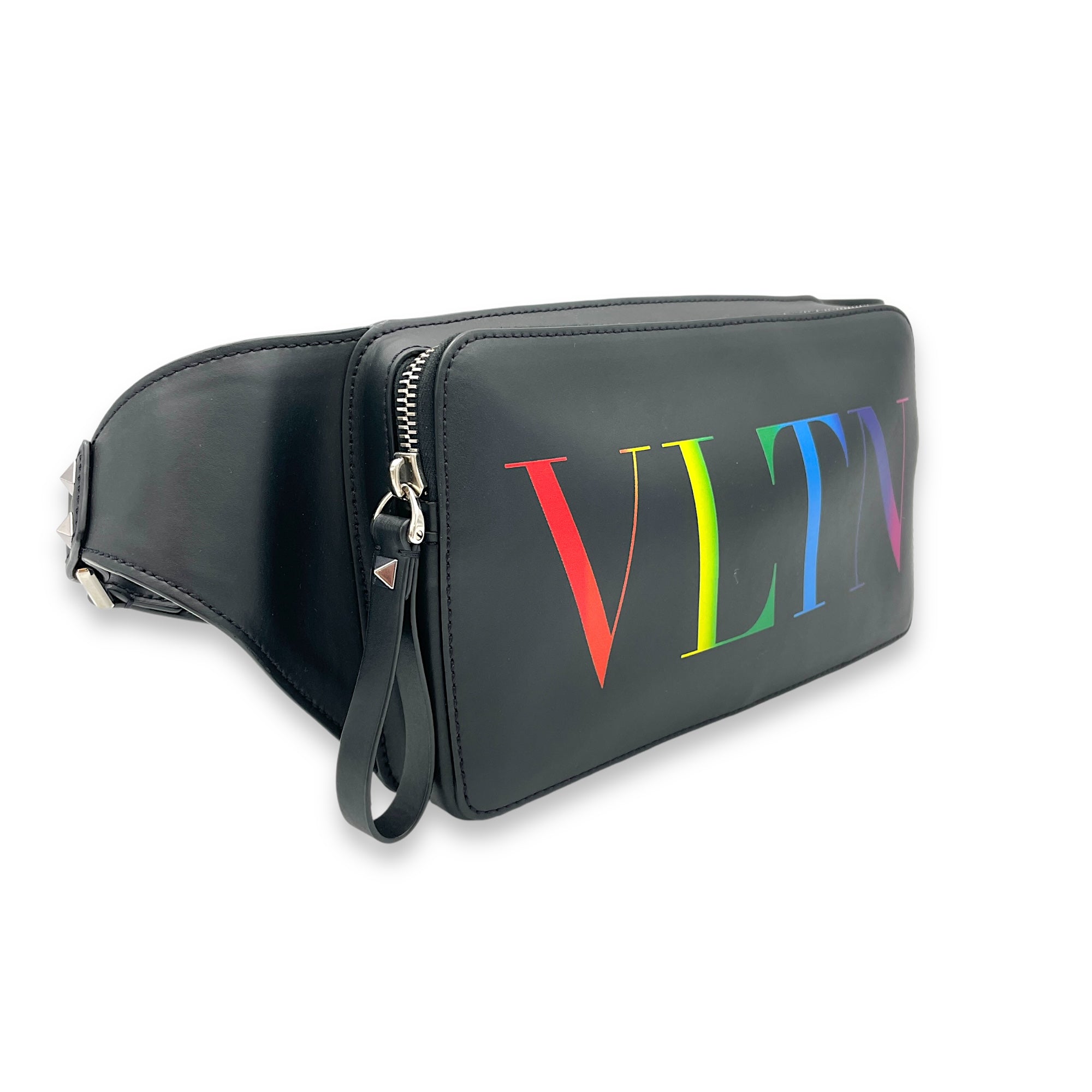 VLTN Black Belt Bag in Calfskin, Silver hardware