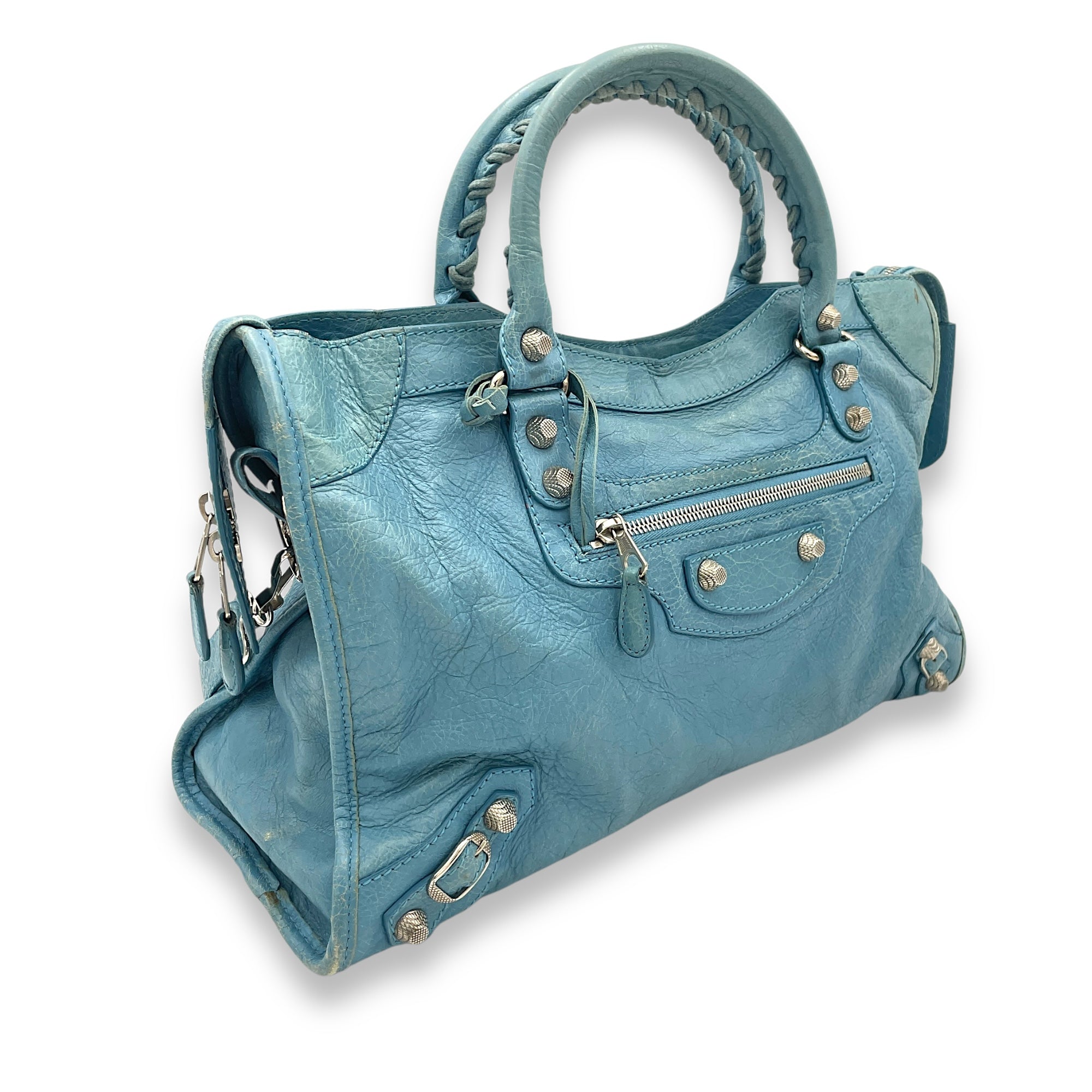 City Medium Blue Top Handle Bag in Distressed Leather, Silver hardware