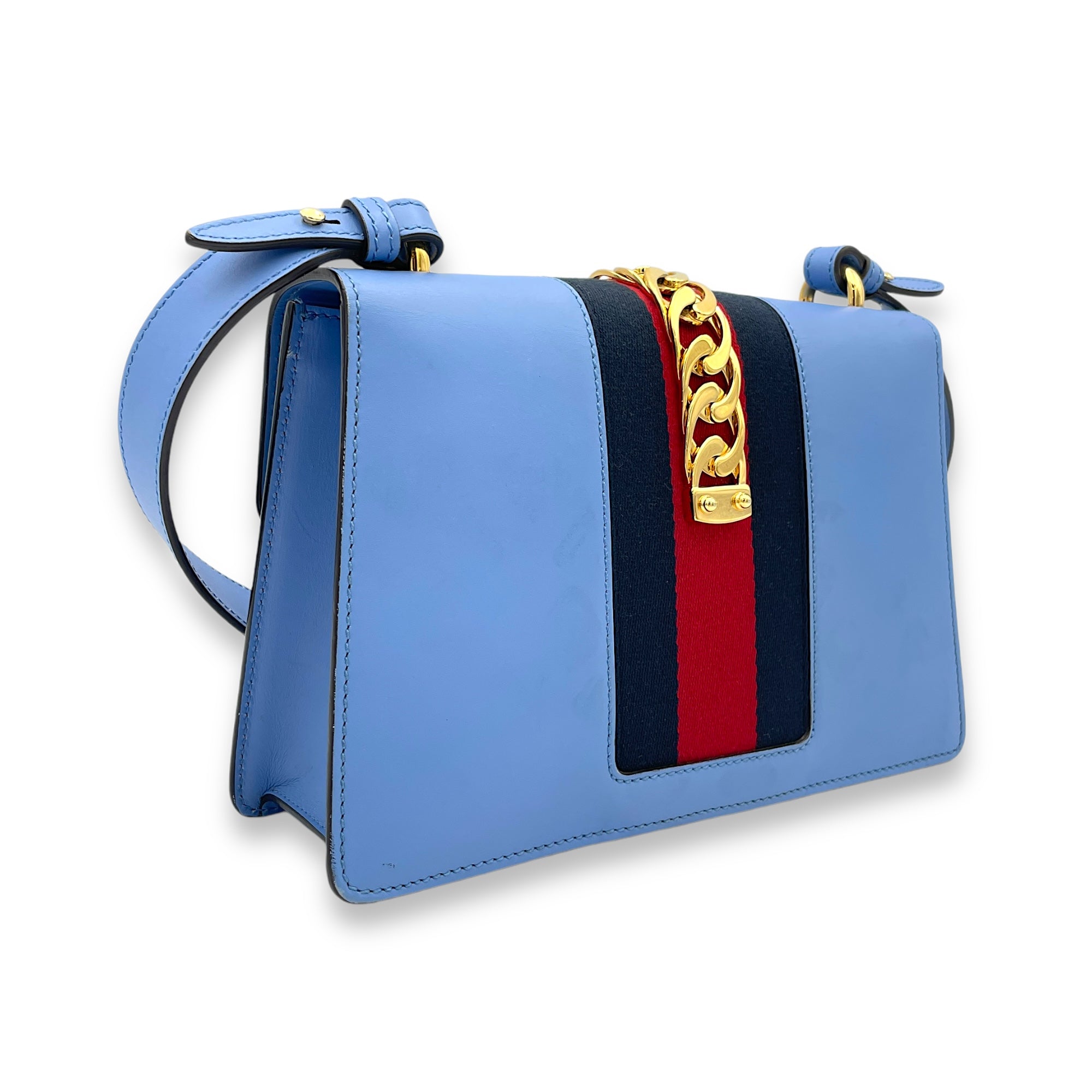 Sylvie Small Blue Shoulder Bag in Calfskin, Gold hardware