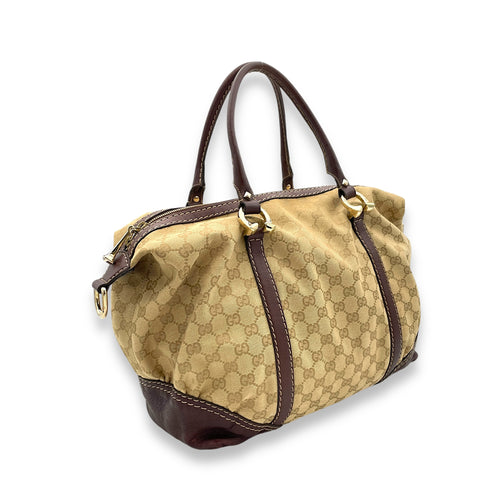 Horsebit Nail Boston  Top Handle Bag Brown in Canvas, Gold hardware