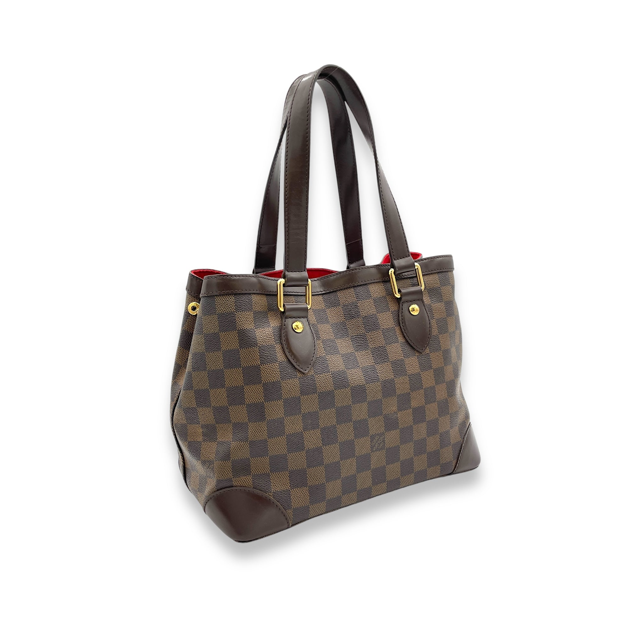 Hampstead PM Damier Ebene Top Handle Bag in Coated Canvas, Gold hardware