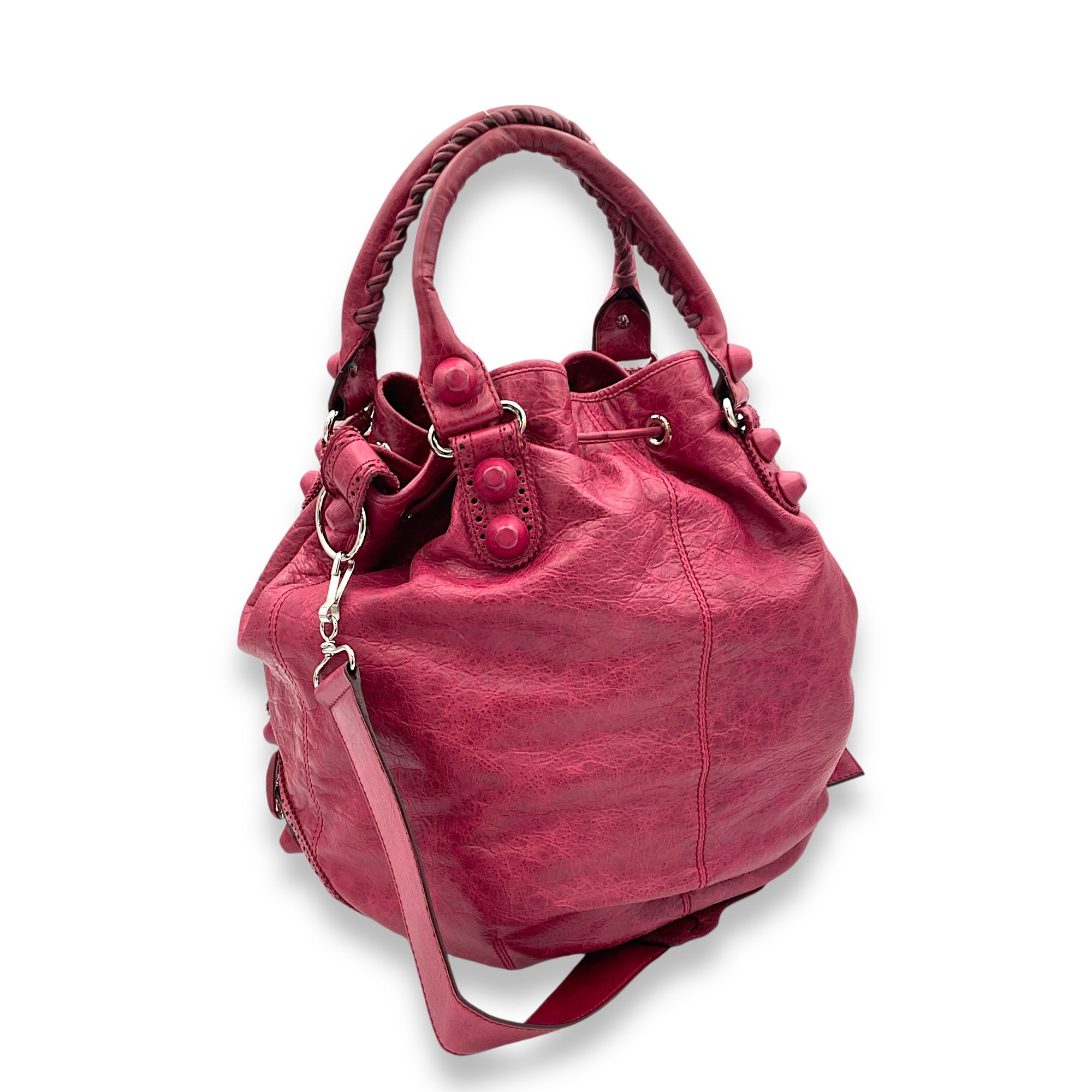 PomPon Red Top Handle Bag in Distressed Leather, Silver hardware