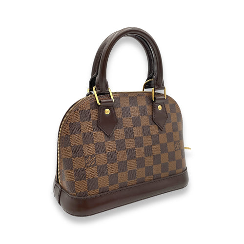 Alma BB Damier Ebene Top Handle Bag in Coated Canvas, Gold hardware