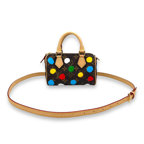 Speedy Bandouliere X Yayoi Kusama Nano Brown Top Handle Bag in Monogram Coated Canvas, Gold hardware