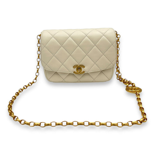 Square Bag Coin Chain Strap Shoulder Bag White in Lambskin, Gold hardware