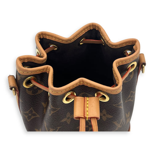 Noe Top Handle Bag Nano Brown in Monogram Coated Canvas, Gold hardware