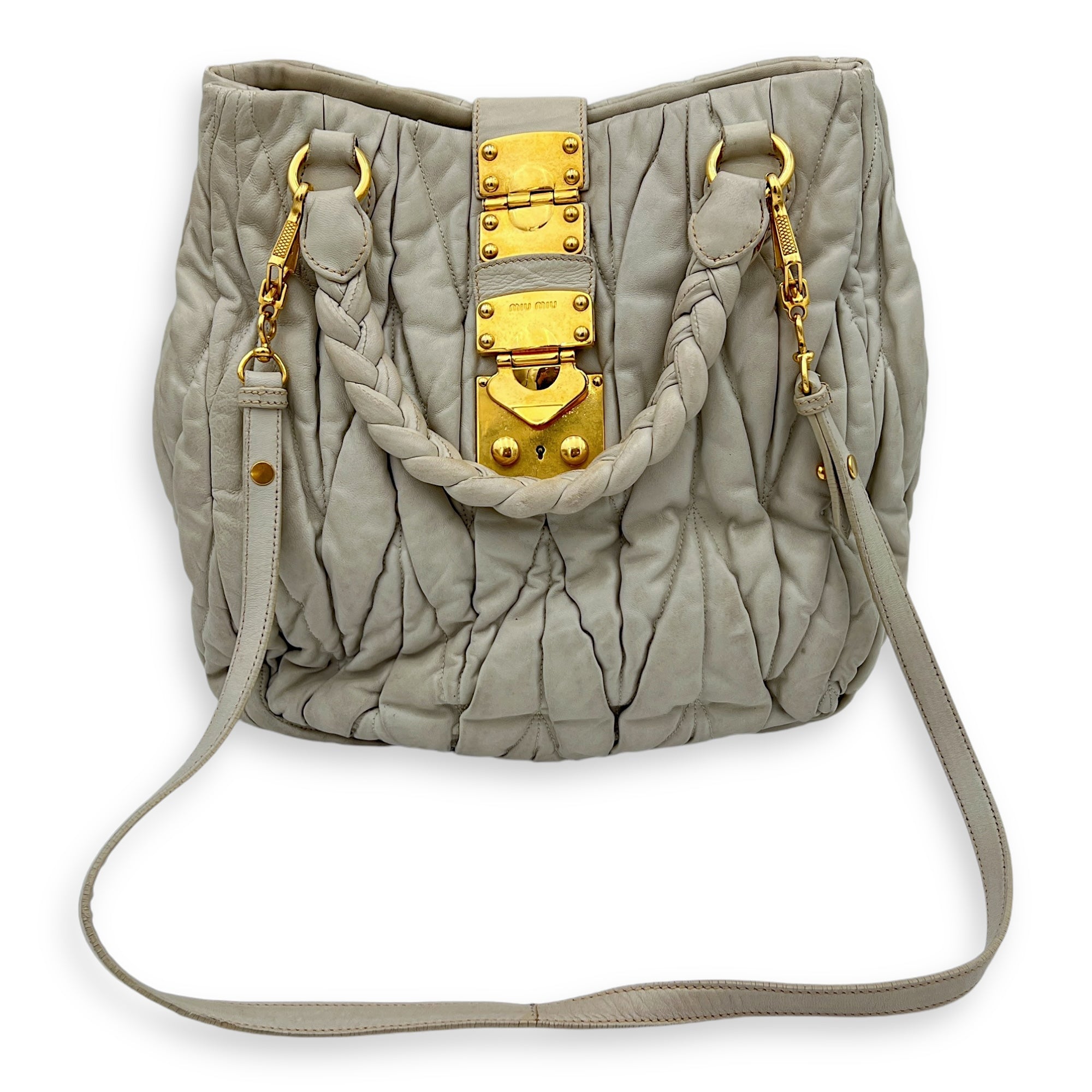 Miu Miu Matelassé Grey Top Handle Bag in Lambskin, Gold hardware_15