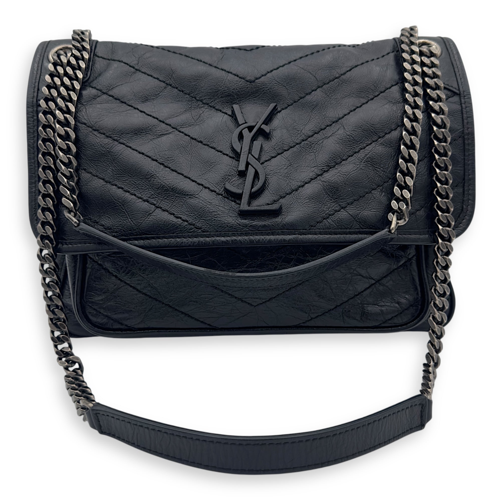 Saint Laurent Niki Medium Black Shoulder Bag in Calfskin, Silver hardware_13