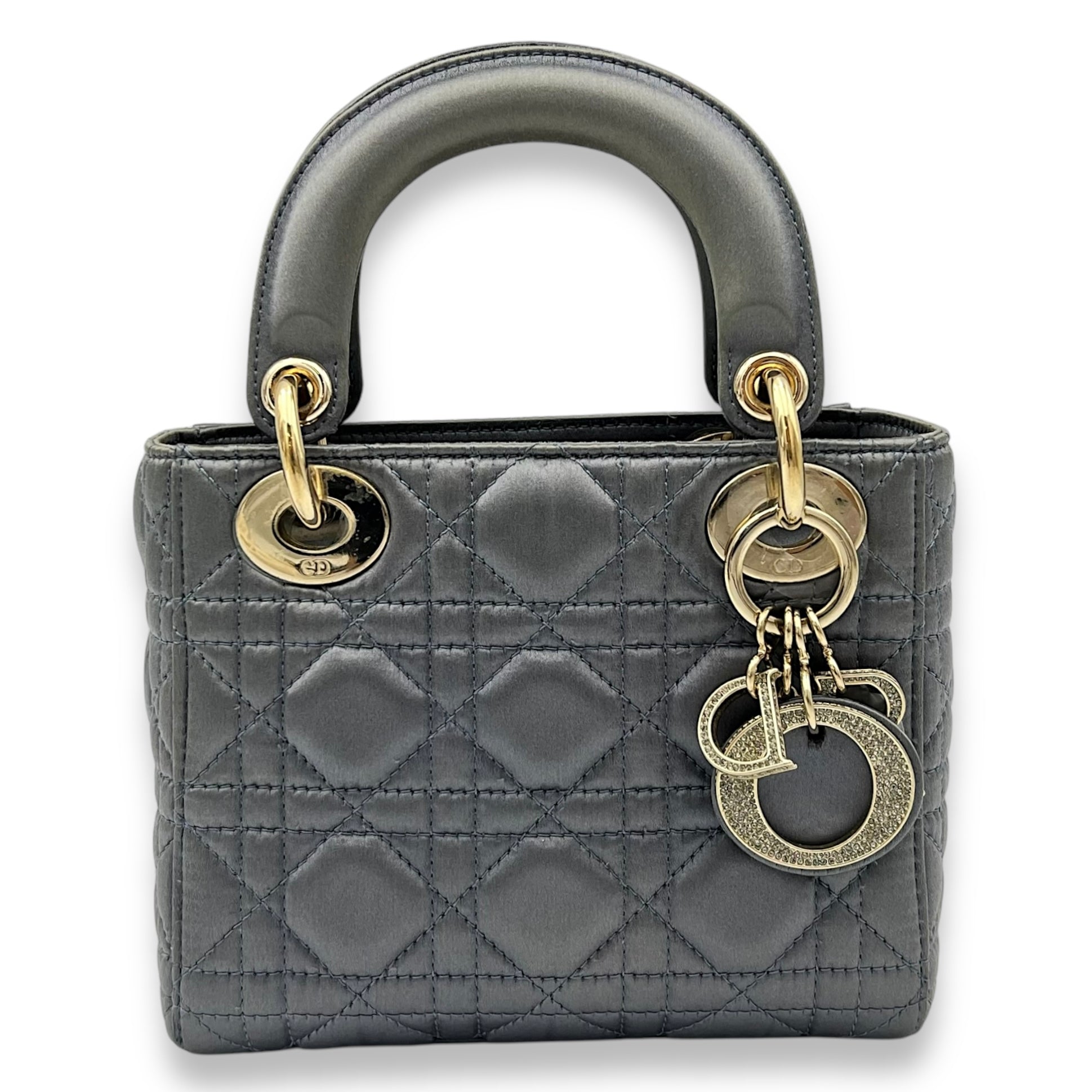 Christian Dior Lady Dior Top Handle Bag Mini Grey in Satin, Gold hardware_1