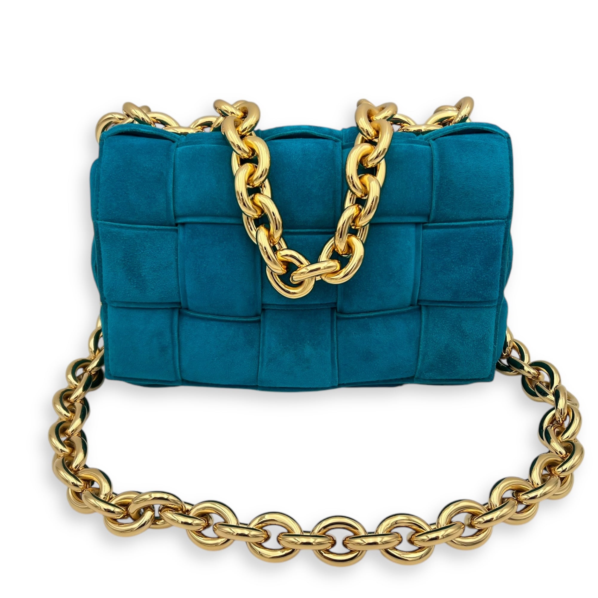 Bottega Veneta Cassette Crossbody Bag Blue in Suede Leather, Gold hardware_15