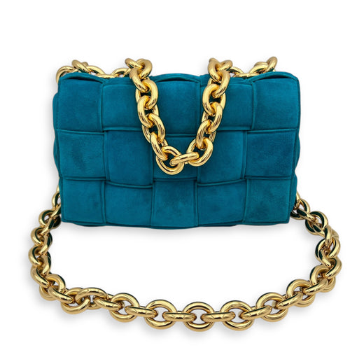 Bottega Veneta Cassette Crossbody Bag Blue in Suede Leather, Gold hardware_15