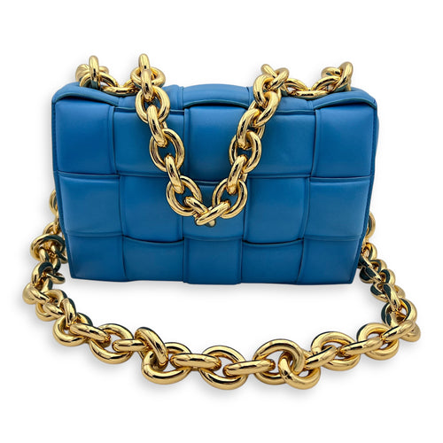 Bottega Veneta Cassette Crossbody Bag Blue in Lambskin, Gold hardware_15