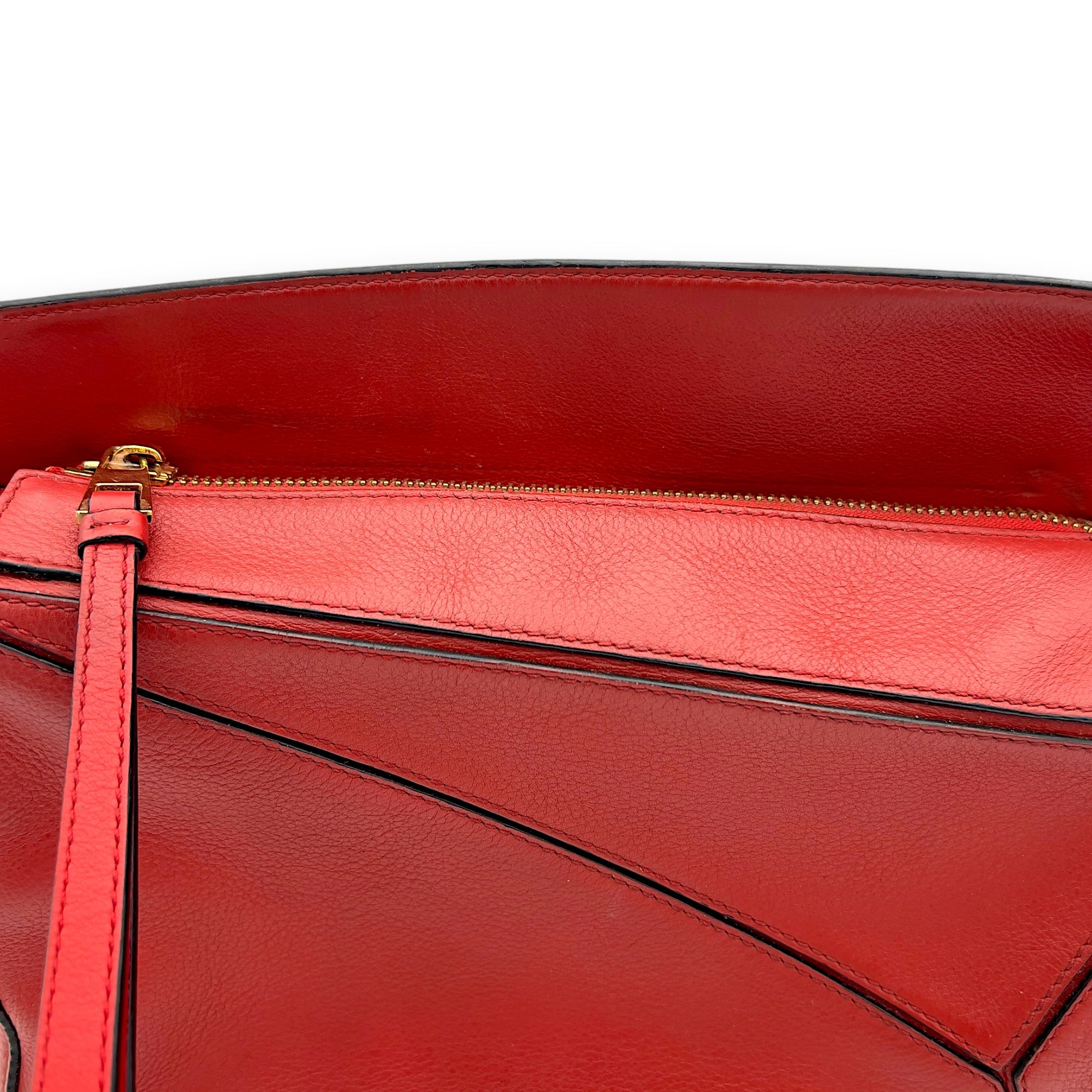 Loewe Puzzle Small Red Top Handle Bag in Calfskin, Gold hardware_15